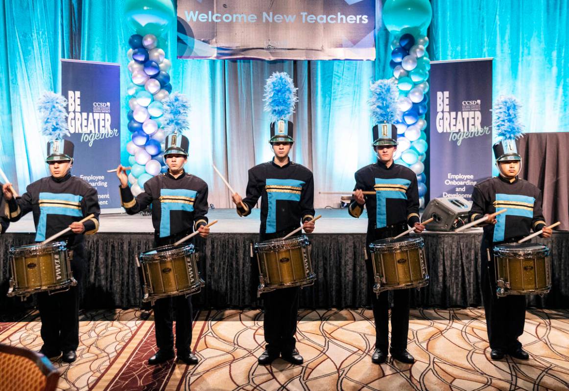 Members of the Foothill High School drum line perform during a new teacher kickoff event at the ...