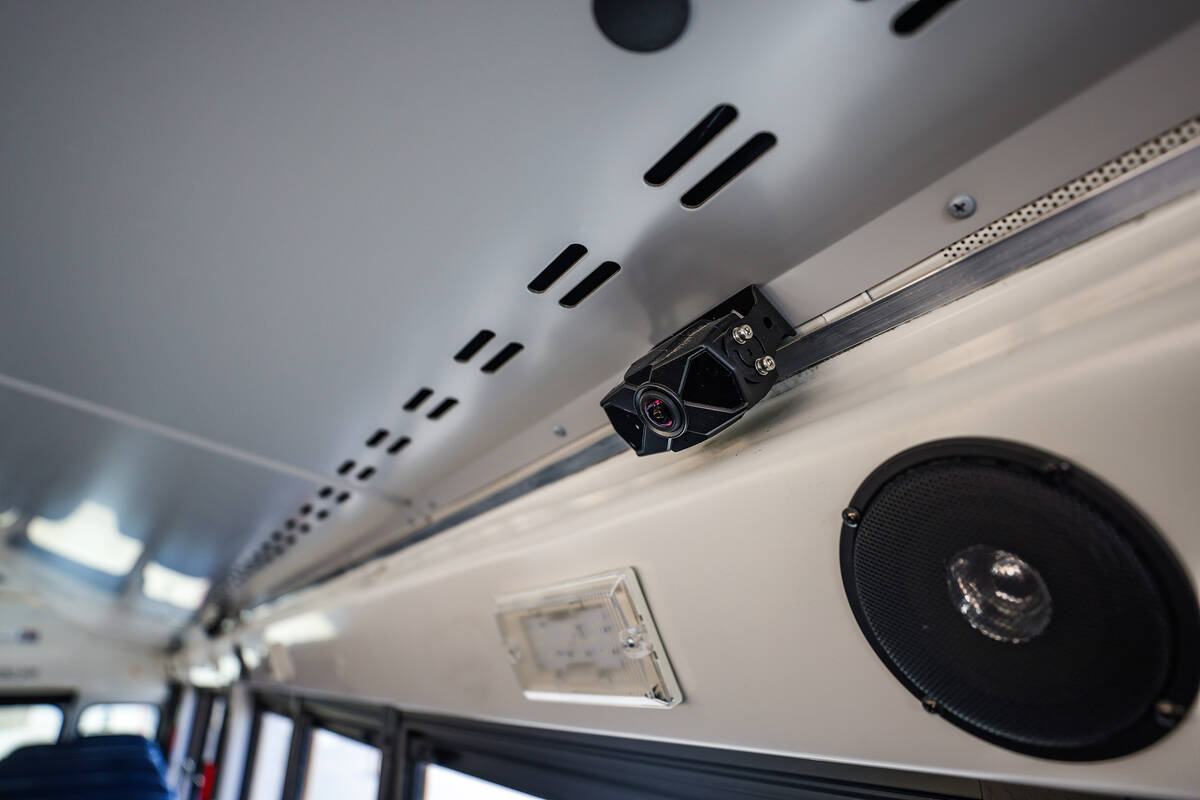 A school bus outfitted with five cameras on the exterior and four on the interior to allow for ...