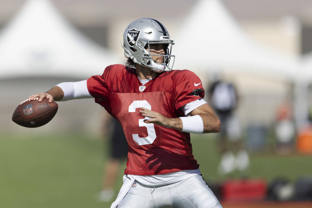 Raiders quarterback Jarrett Stidham (3) prepares to throw during the team’s training cam ...