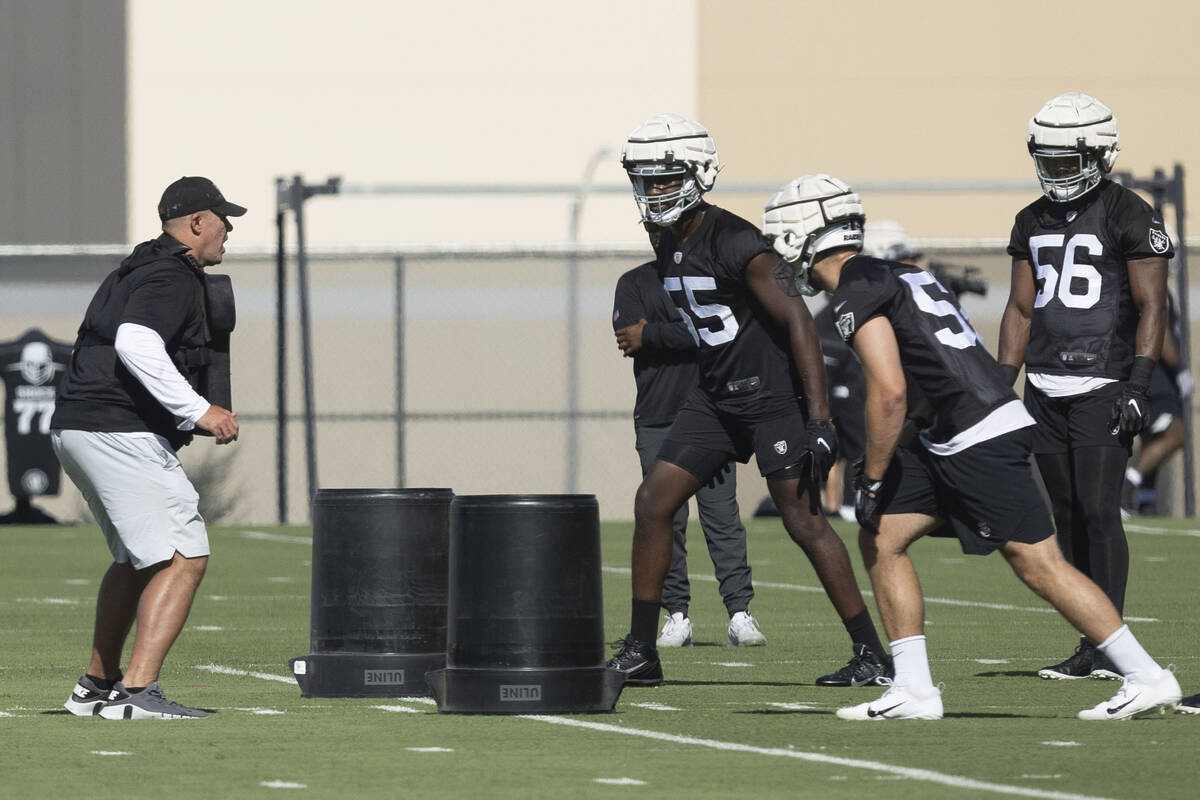 Raiders defensive end Chandler Jones (55) and Raiders linebacker Kyler Fackrell (57) prepare to ...