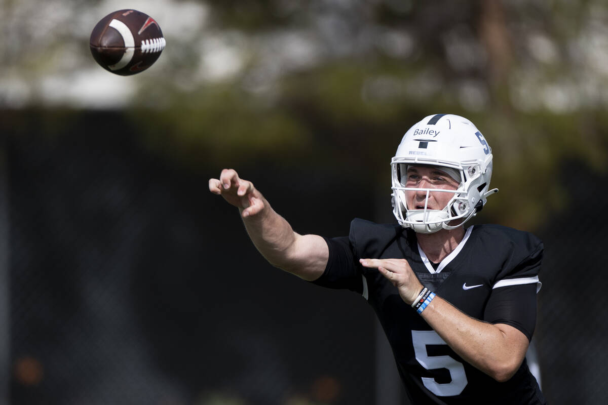 UNLV's Harrison Bailey (5) throws a pass during a team football practice at UNLV in Las Vegas, ...