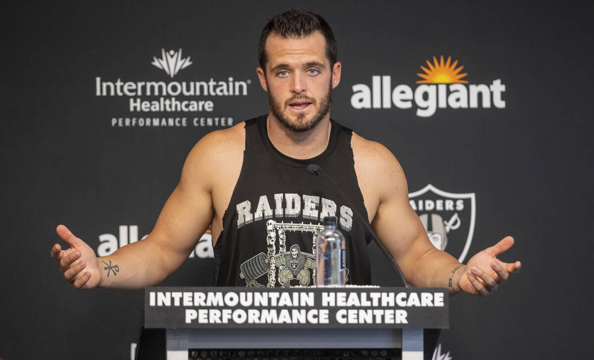 Raiders quarterback Derek Carr responds to questions at a news conference after the team&#x2019 ...