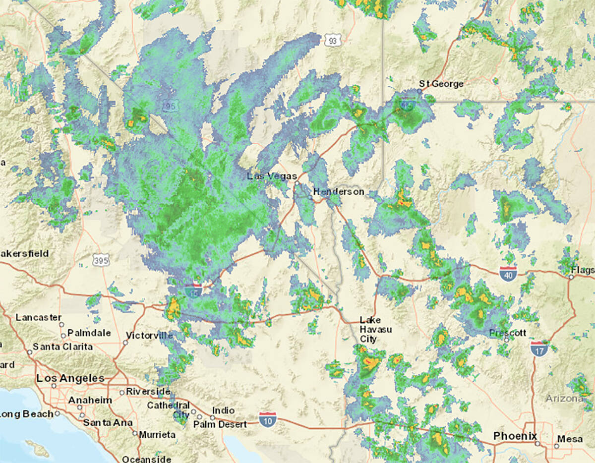 A 3:30 p.m. radar image shows much of the rain has moved north and west of the Las Vegas Valley ...