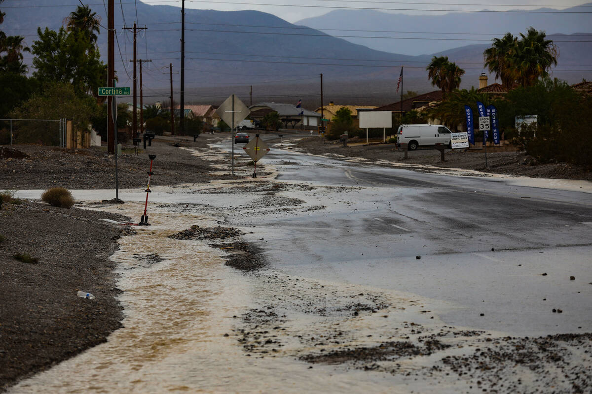 A washed out road from monsoonal flash floods in Pahrump, Nev., Sunday, July 31, 2022. (Rachel ...