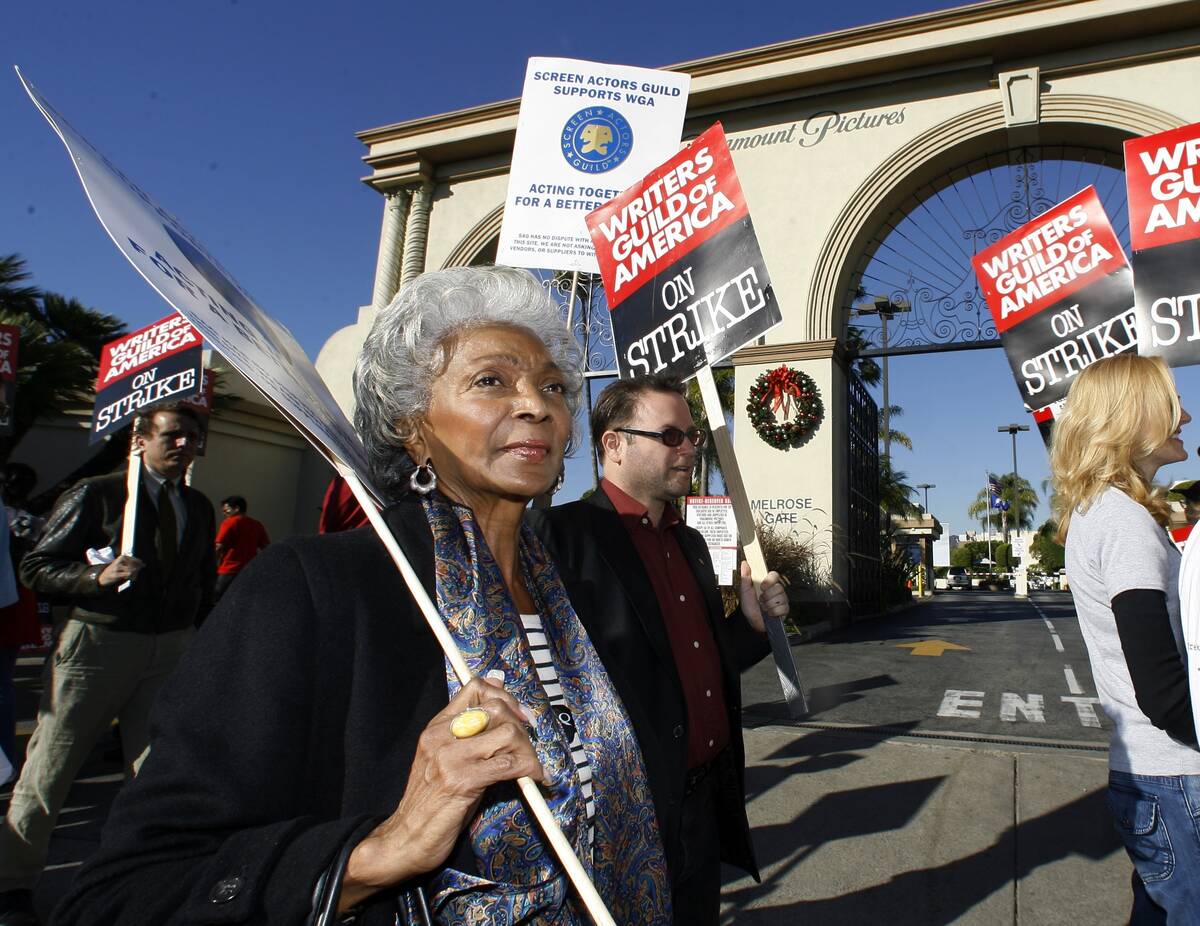 FILE - Actor Nichelle Nichols expresses her support to striking members of the Writers Guild of ...