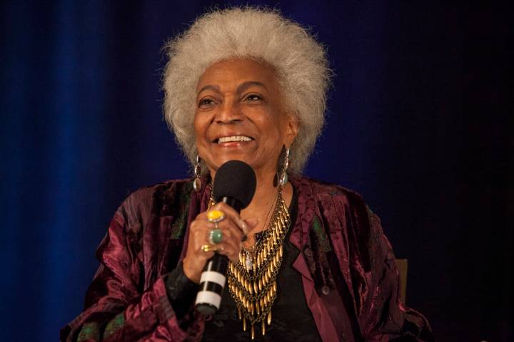 FILE - Actor Nichelle Nichols speaks during the Creation Entertainment's Official Star Trek Con ...