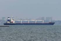 The bulk carrier Razoni starts its way from the port in Odesa, Ukraine, Monday, Aug. 1, 2022. A ...