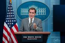 National Security Council spokesman John Kirby speaks during a briefing at the White House, Mon ...