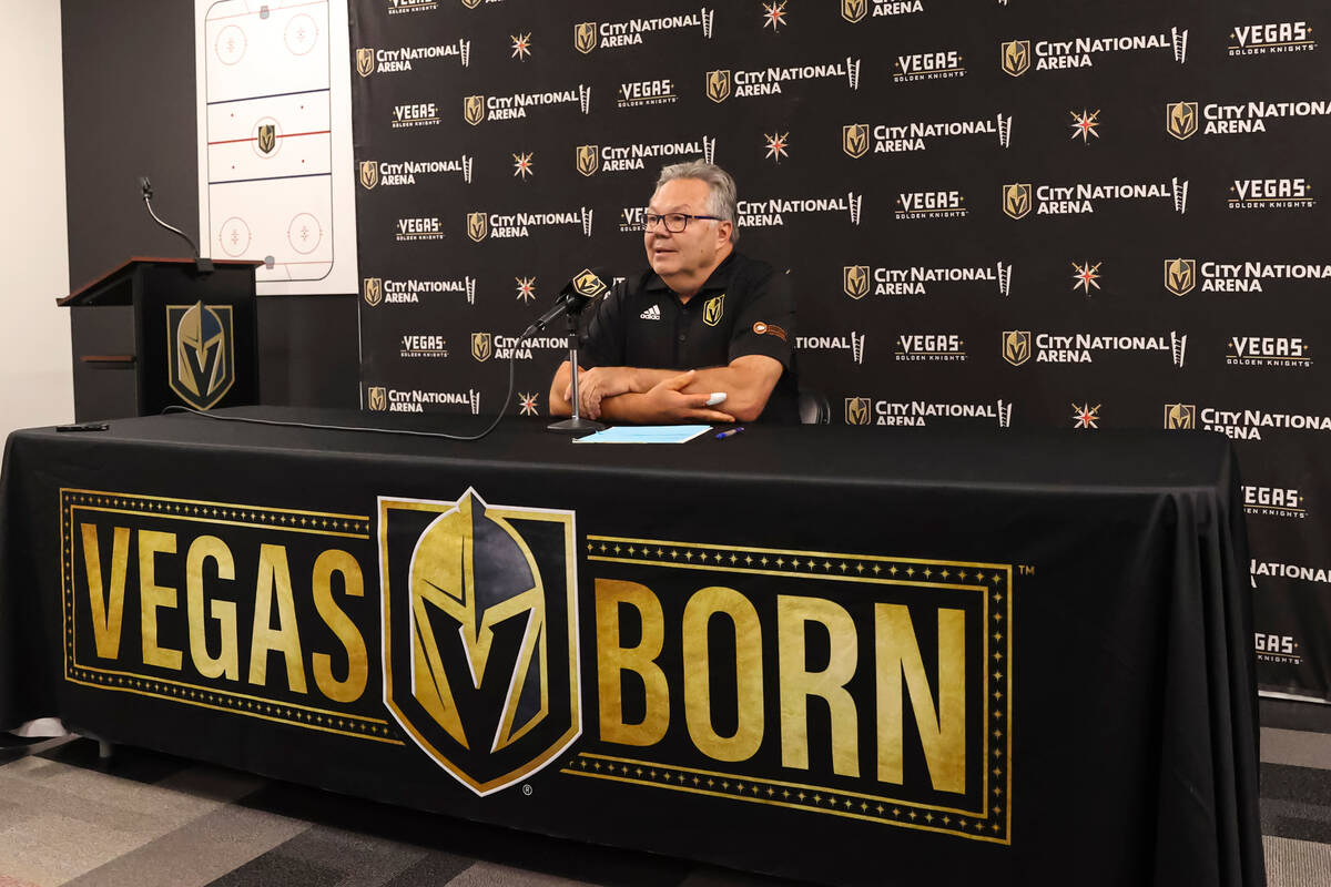 Golden Knights general manager Kelly McCrimmon speaks with members of the media at City Nationa ...