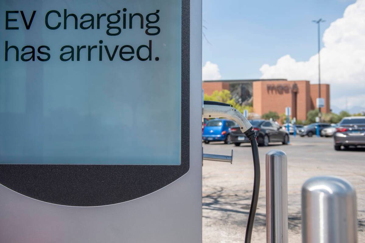 Electric vehicle chargers at Meadows Mall on Tuesday, Aug. 2, 2022, in Las Vegas. (Steel Brooks ...