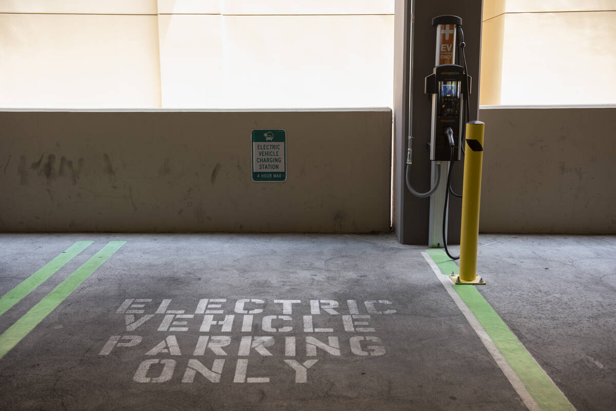 Electric vehicle chargers in Downtown Summerlin on Tuesday, Aug. 2, 2022, in Las Vegas. (Steel ...
