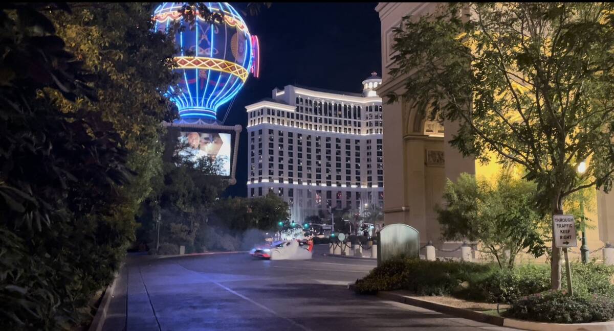 A screen grab of video of stunt driver Ken Block filming an Audi commercial on the Las Vegas St ...