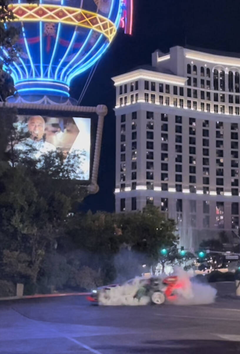 A screen grab of video of stunt driver Ken Block filming an Audi commercial on the Las Vegas St ...