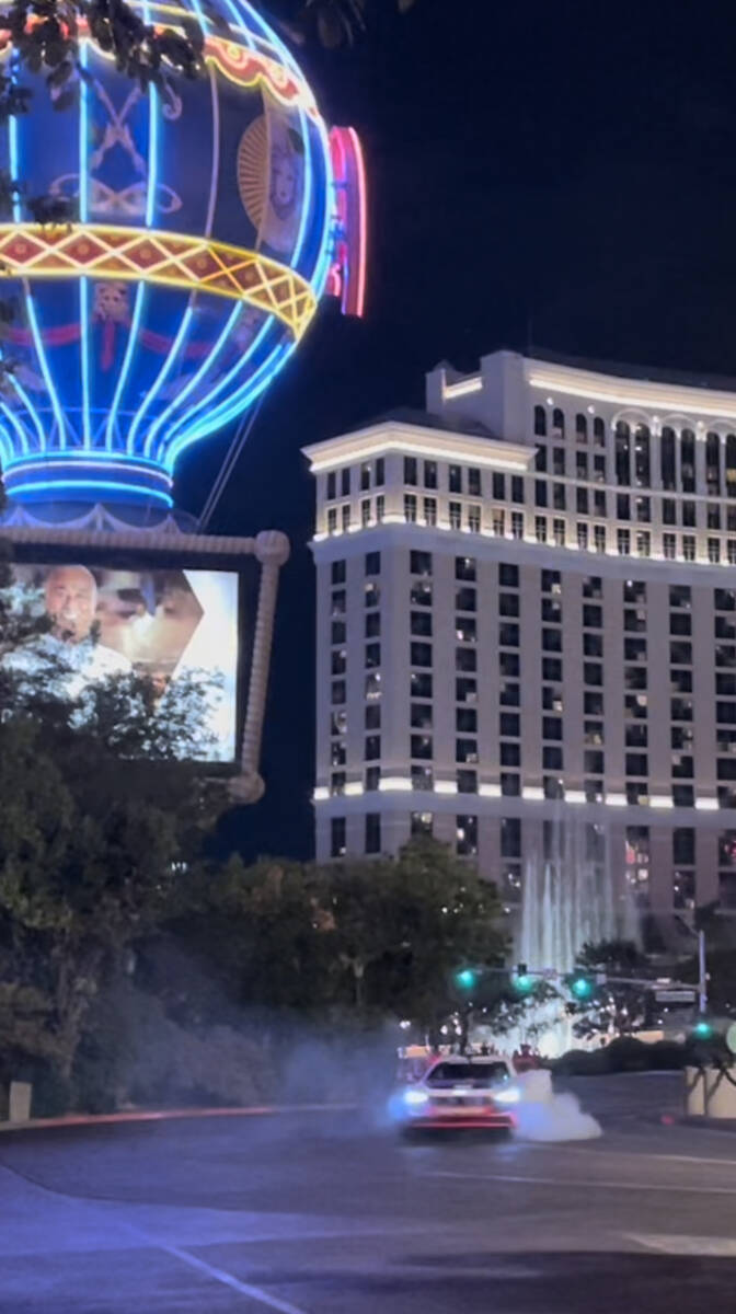 A screen grab of video of stunt driver Ken Block filming an Audi commercial on the Las Vegas St ...