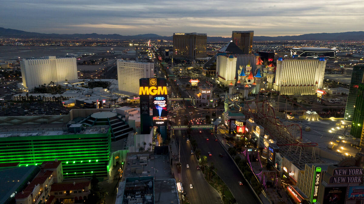 This January 12, 2022, file photo shows an aerial view of MGM Grand on the south Las Vegas Stri ...