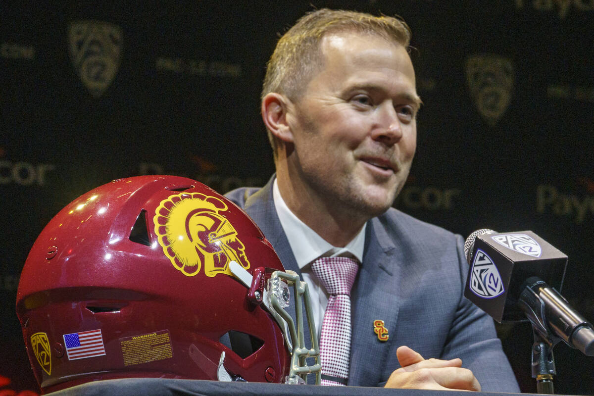 Southern California coach Lincoln Riley speaks during the Pac-12 Conference NCAA college footba ...