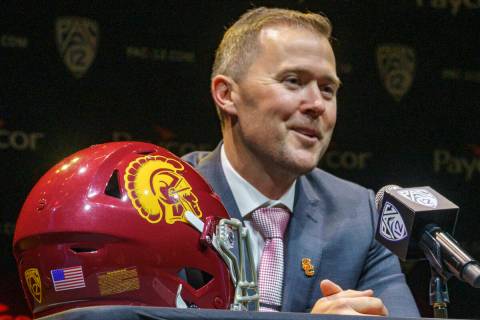 Southern California coach Lincoln Riley speaks during the Pac-12 Conference NCAA college footba ...