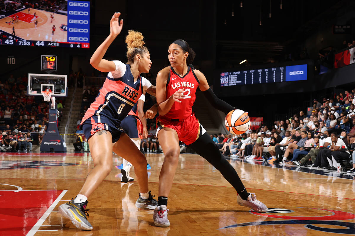 A'ja Wilson #22 of the Las Vegas Aces handles the ball during the game against the Washington M ...