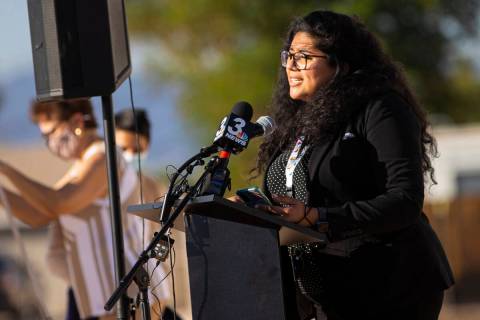 Clark County School Board member Irene Cepeda speaks during the groundbreaking ceremony for the ...