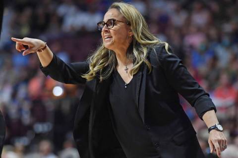 Las Vegas Aces Head Coach Becky Hammon calls out instructions to her team against the Connectic ...