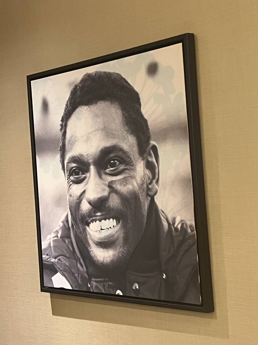 A portrait of Cliff Branch in the men's room at the Raiders' headquarters in Canton, Ohio. (Joh ...