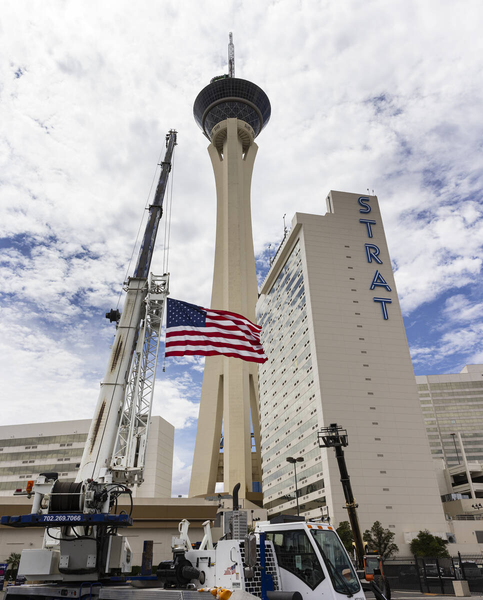 Heavy construction equipment is seen at the Stratosphere hotel-casino during a groundbreaking c ...
