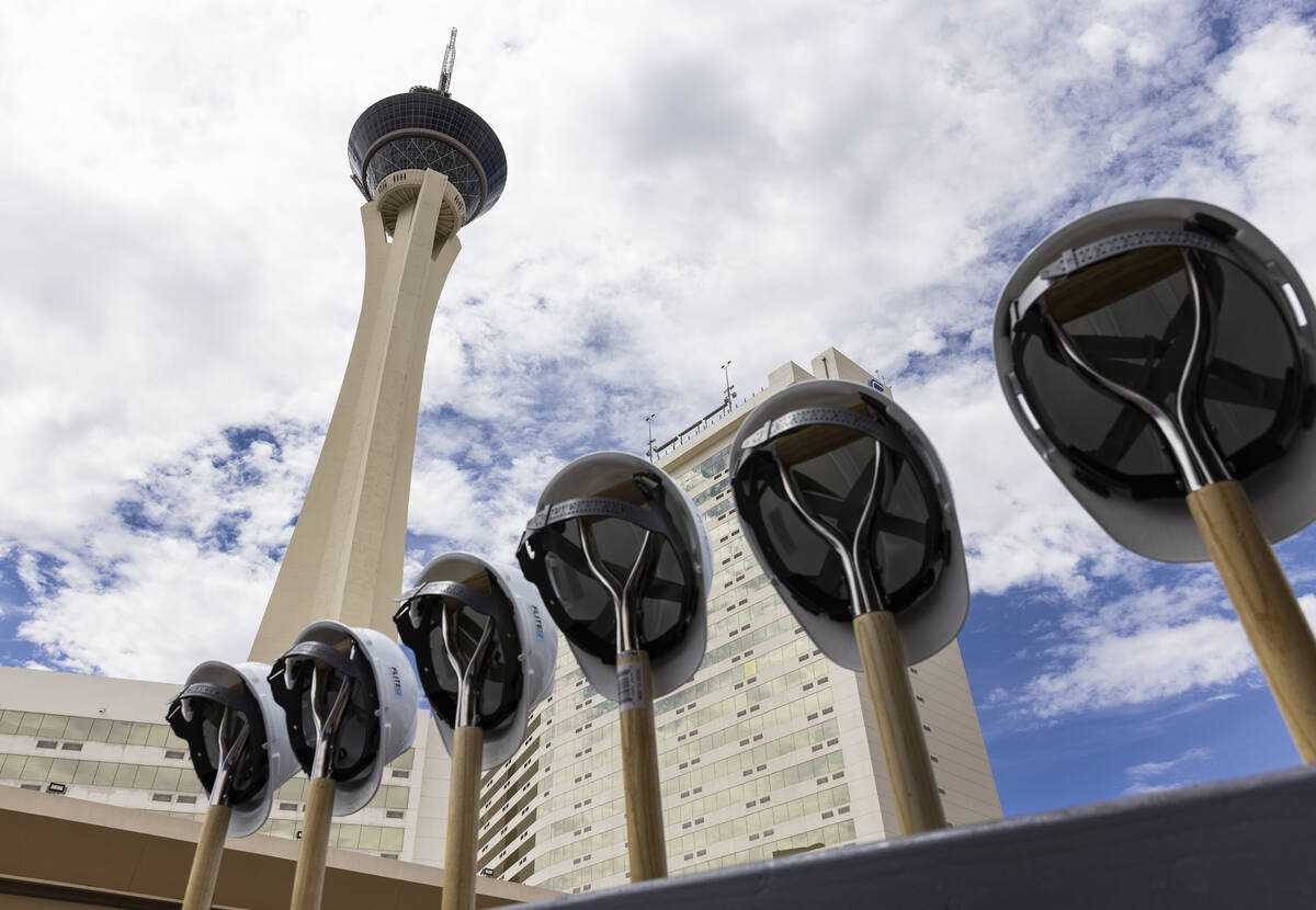 Shovels are displayed at the Stratosphere hotel-casino during a groundbreaking ceremony for Ato ...