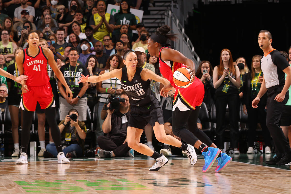 Sue Bird #10 of the Seattle Storm plays defense during the game against the Las Vegas Aces on A ...