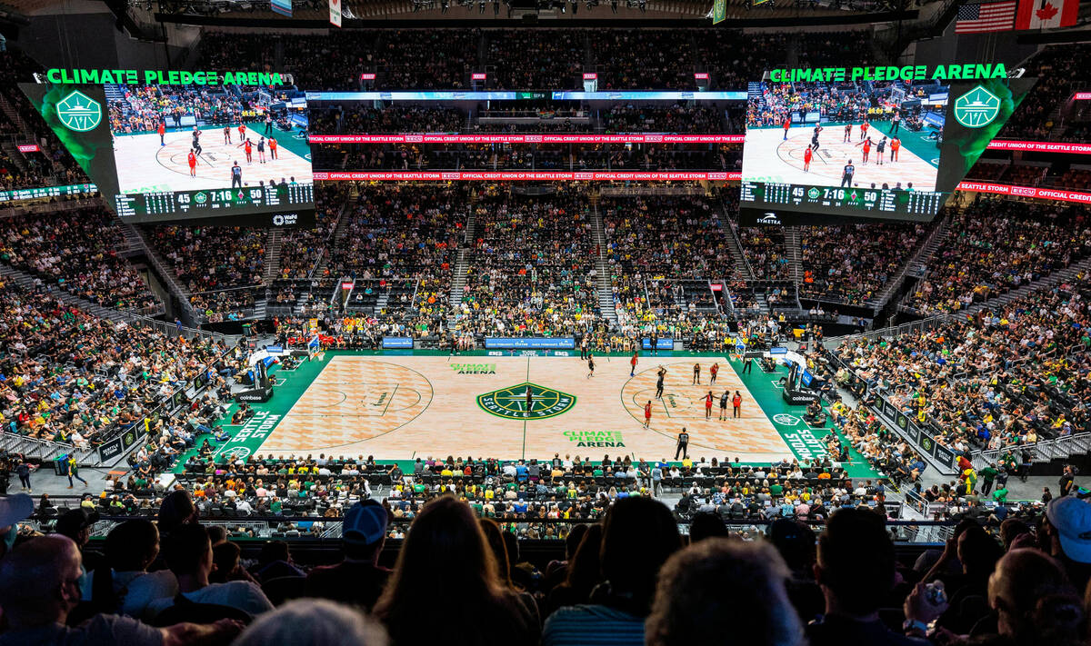 More than 18,000 fans pack the Climate Pledge Arena before the Seattle Storm take on the Las Ve ...