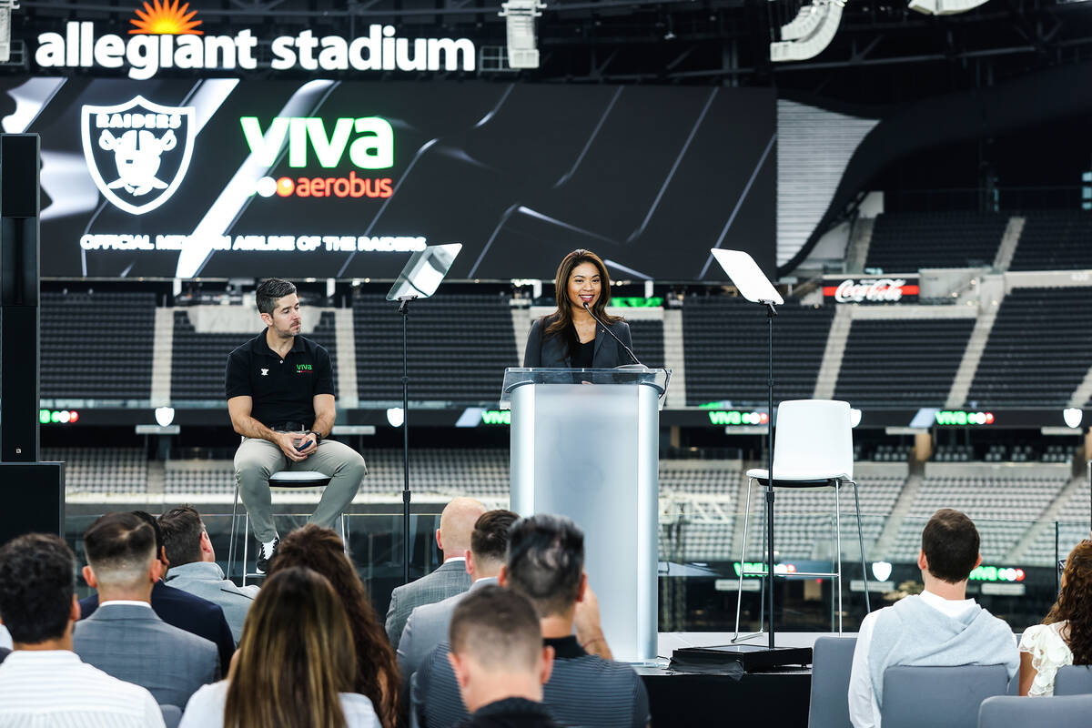 Raiders President Sandra Morgan addresses the crowd at an event to announce Viva Aerobus Airlin ...