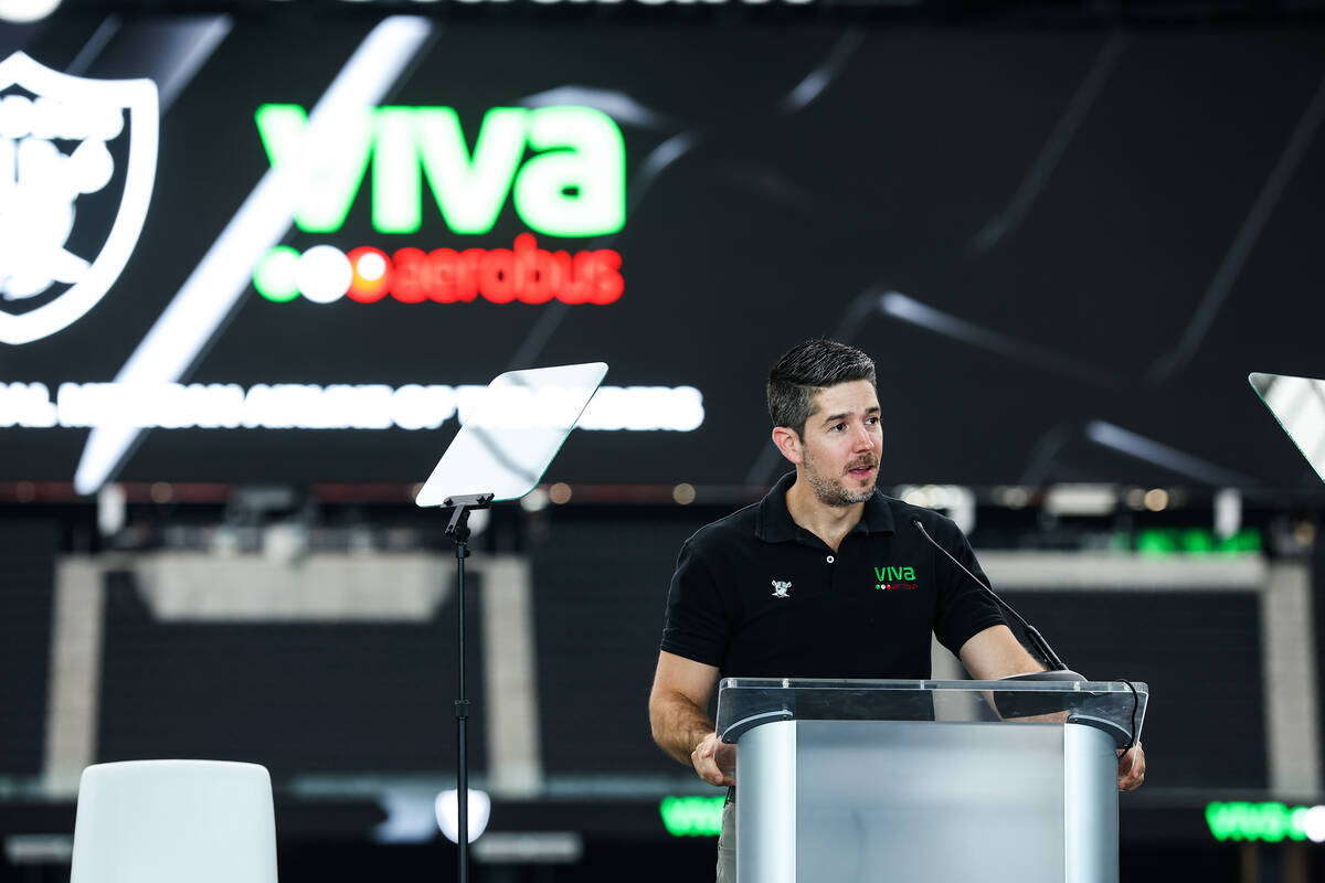 Viva Aerobus Airlines CEO Juan Carlos Zuazua addresses the crowd at an event announcing the air ...