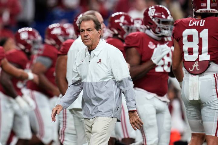 Alabama football coach Nick Saban is shown Jan. 10, 2022, in Indianapolis. (AP Photo/Paul Sancy ...