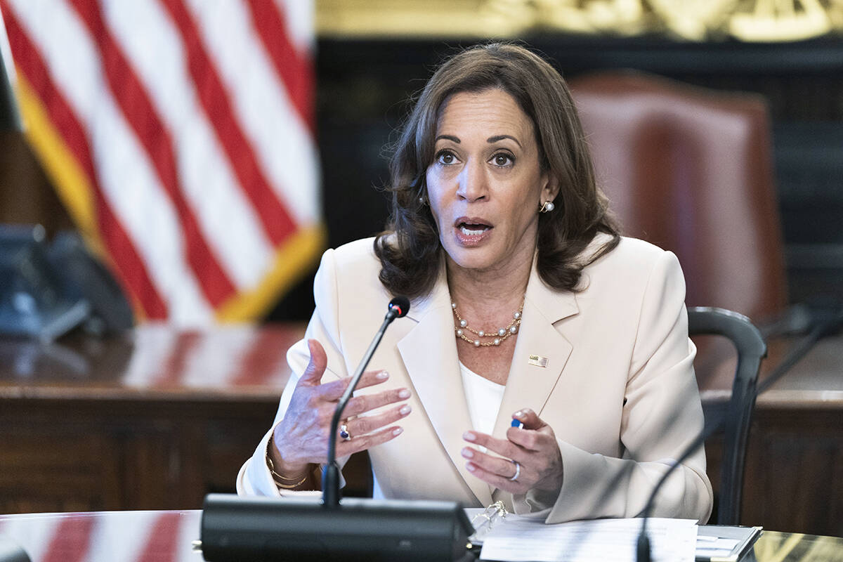 Vice President Kamala Harris speaks during a roundtable with college presidents about reproduct ...