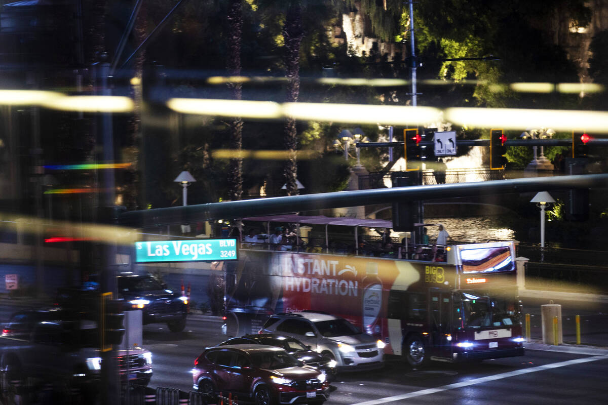 Traffic travels southbound on Las Vegas Boulevard on the Las Vegas Strip, Tuesday, Aug. 2, 2022 ...