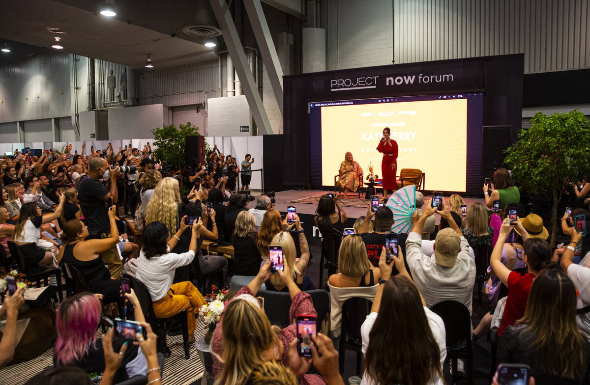 Katy Perry, upper right, is introduced during the MAGIC Las Vegas fashion trade show on on Tues ...