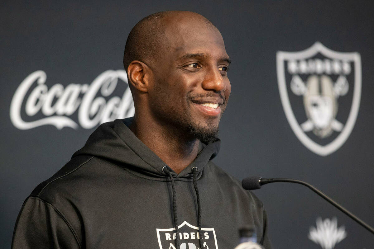 Raiders safety Duron Harmon (30) smiles during a news conference at the Intermountain Healthcar ...
