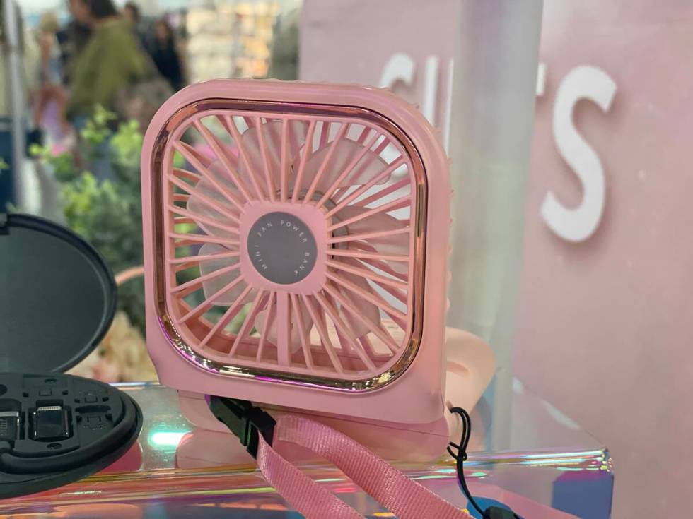 The Multitasky fan and portable charger at MAGIC Las Vegas on August 9. The small fan has a por ...