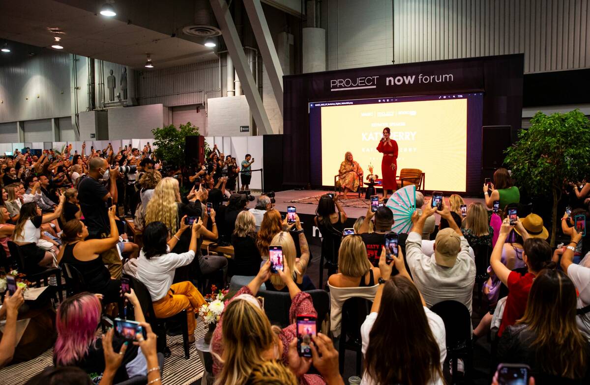 Katy Perry speaks during the MAGIC Las Vegas fashion trade show on on Tuesday, Aug. 9, 2022, at ...