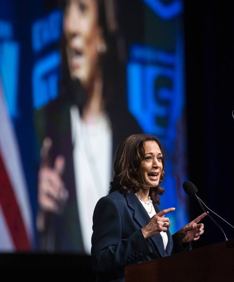 Vice President Kamala Harris speaks at a United Steelworkers convention at the MGM Grand Conven ...