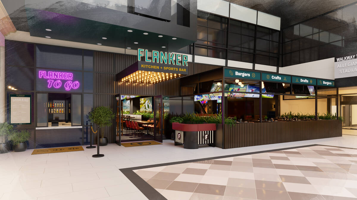 A rendering of Flanker Kitchen & Sports Bar, set to debut in summer 2023 at Mandalay Bay, near ...