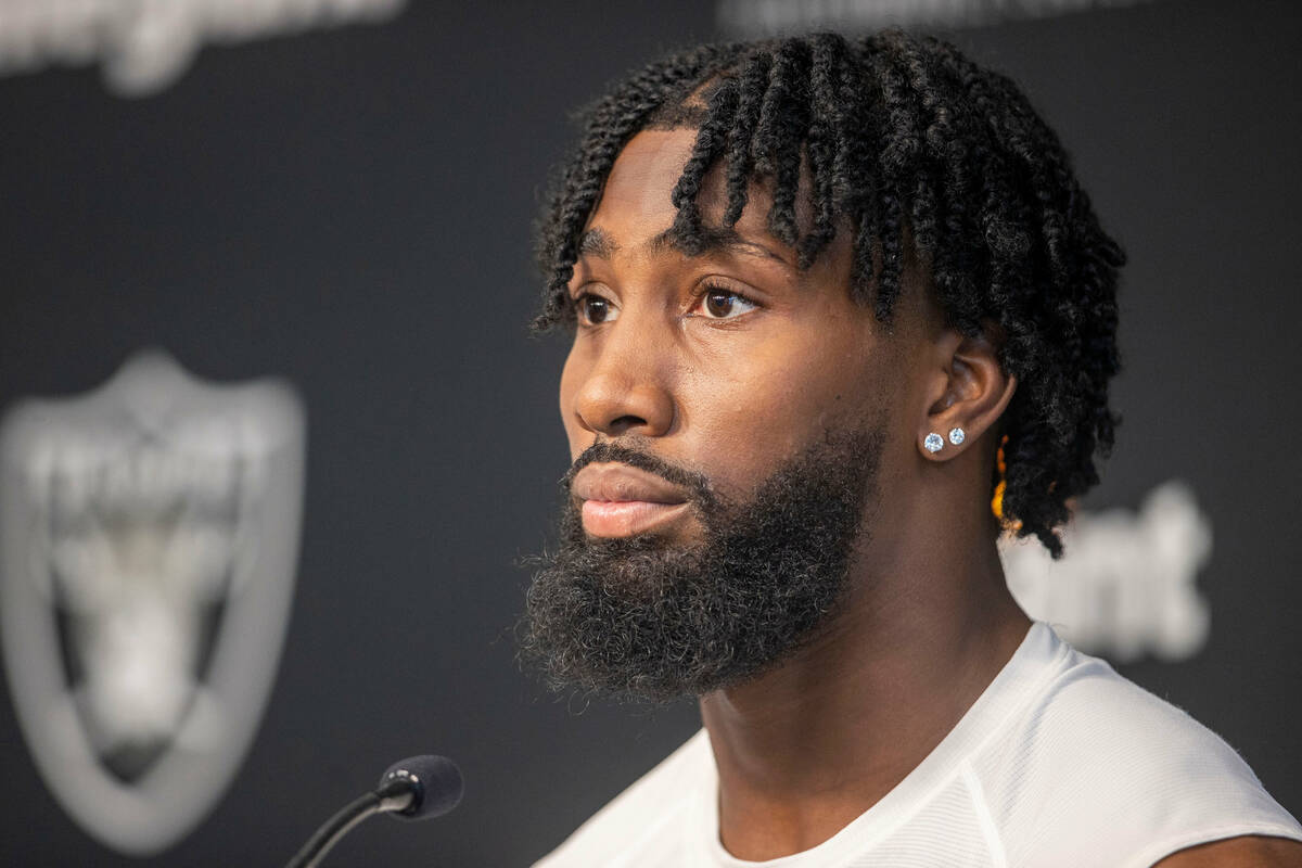 Raiders cornerback Nate Hobbs takes questions during a news conference at the Intermountain Hea ...