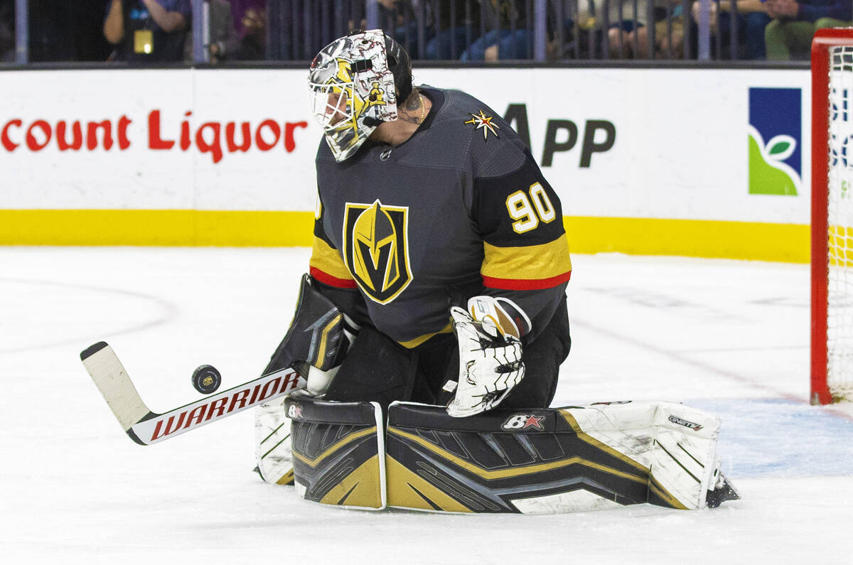 Golden Knights goaltender Robin Lehner (90) makes a save in the second period during an NHL hoc ...