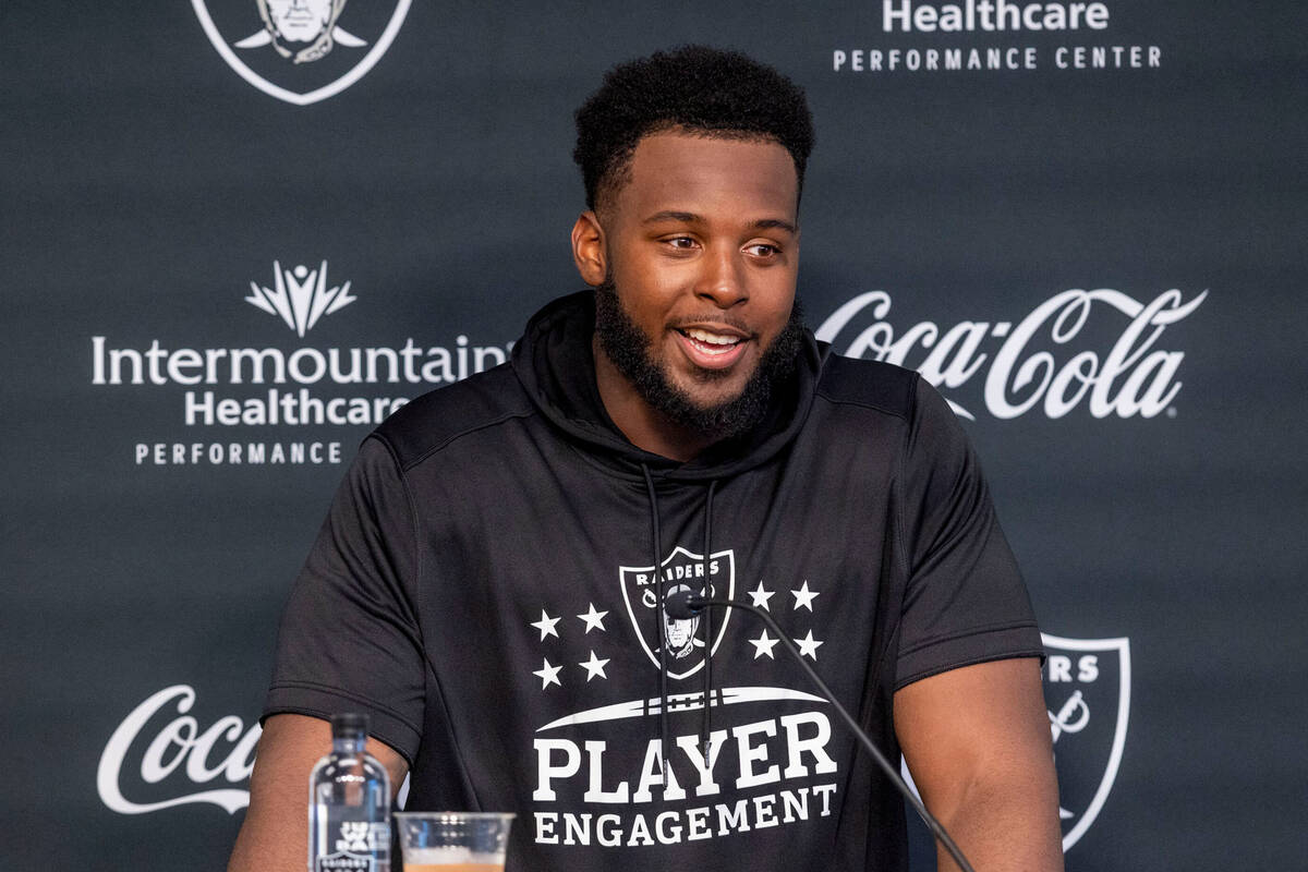 Raiders offensive tackle Thayer Munford Jr. speaks during a news conference after training camp ...