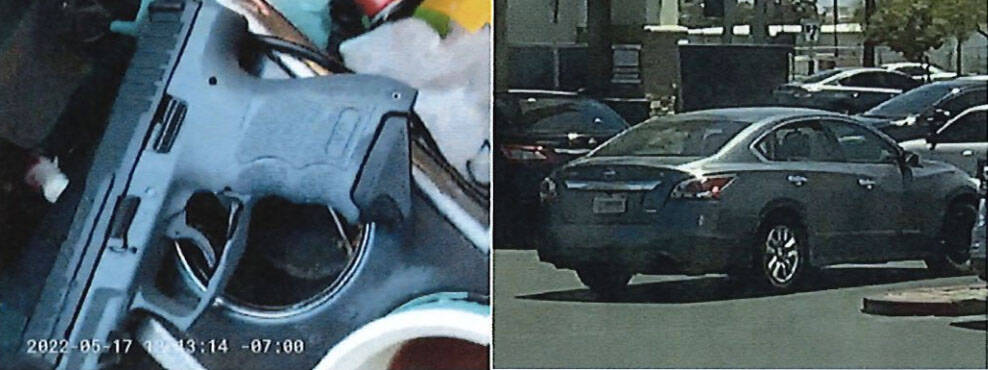 These photos shows Matthew Konrake Abrahamian’s firearm and his gray Nissan sedan at the ...