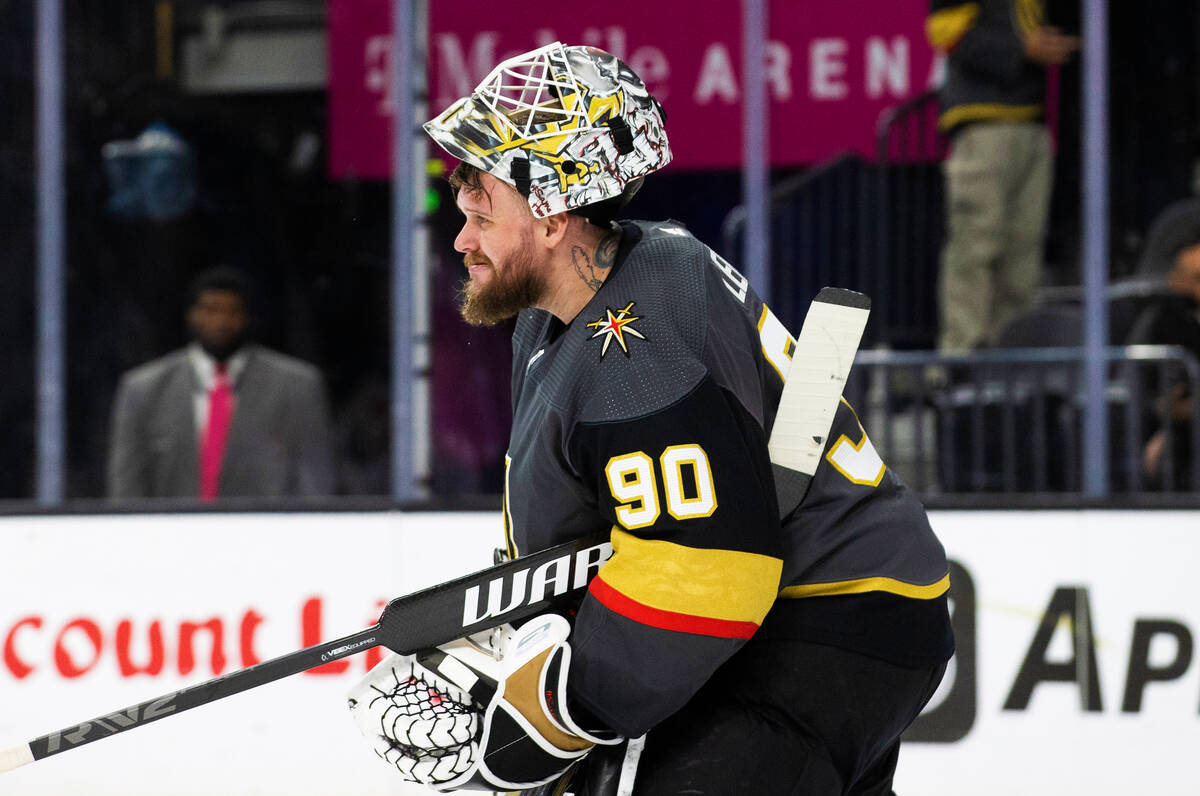 In this April 18, 2022, file photo, Golden Knights goaltender Robin Lehner (90) leaves the ice ...