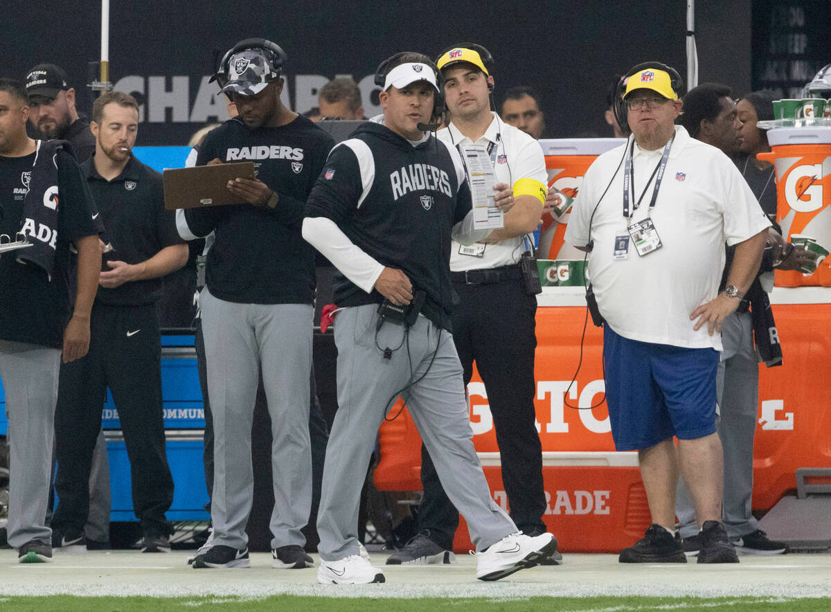 Raiders head coach Josh McDaniels dfuring the first half of a preseason NFL game against the Mi ...