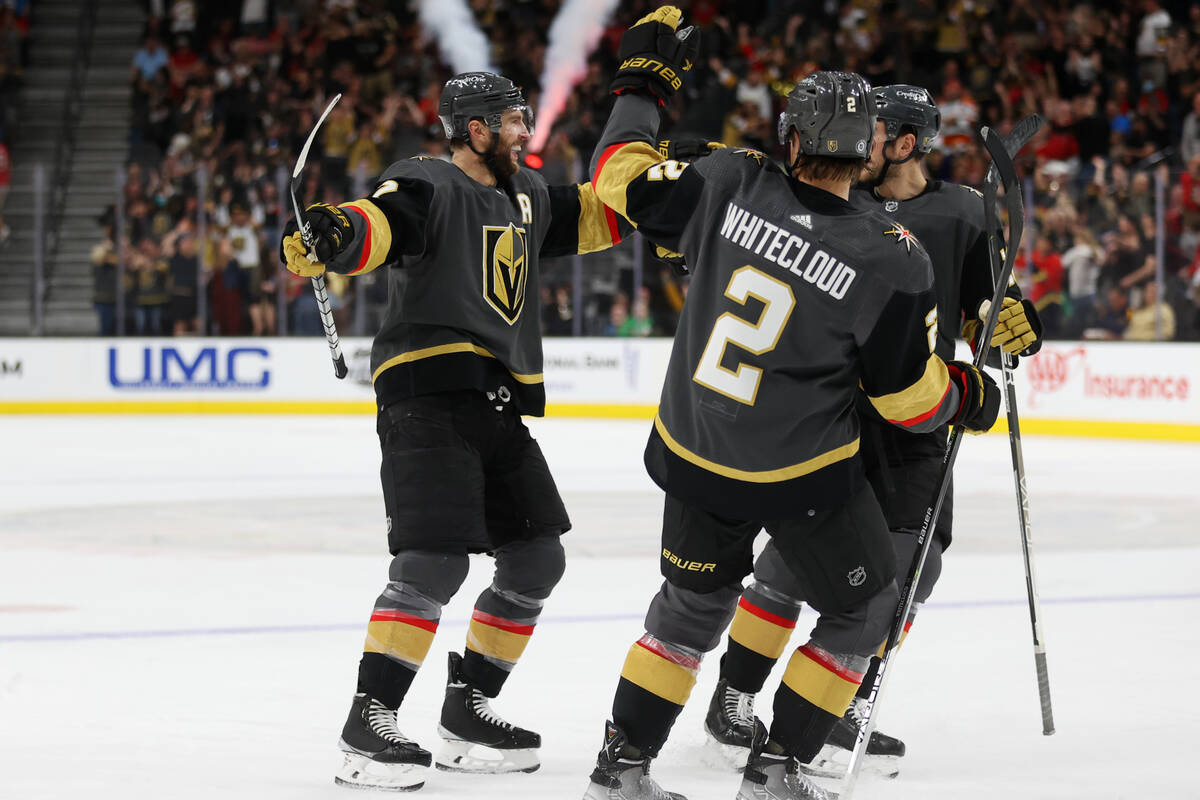 Vegas Golden Knights defenseman Alex Pietrangelo (7) celebrates his goal with his team during t ...