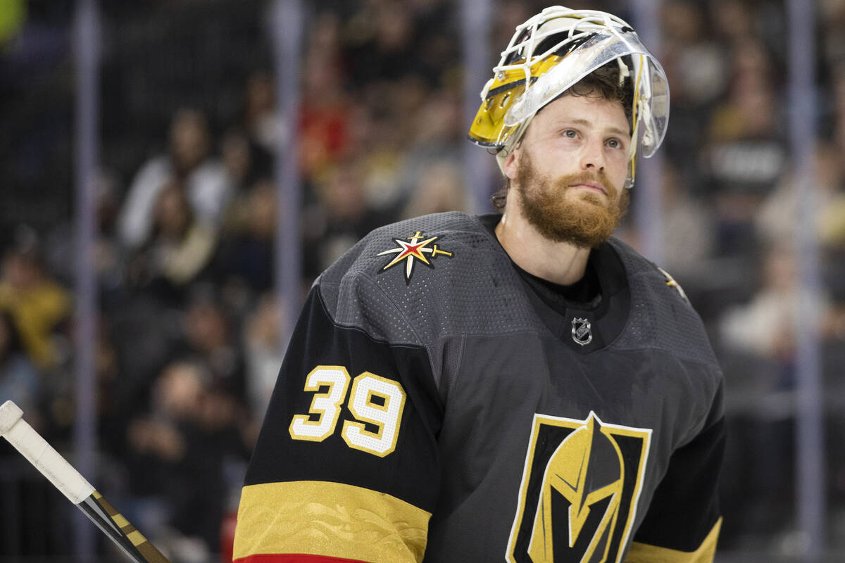 Golden Knights goaltender Laurent Brossoit (39) skates around goal in the second period during ...