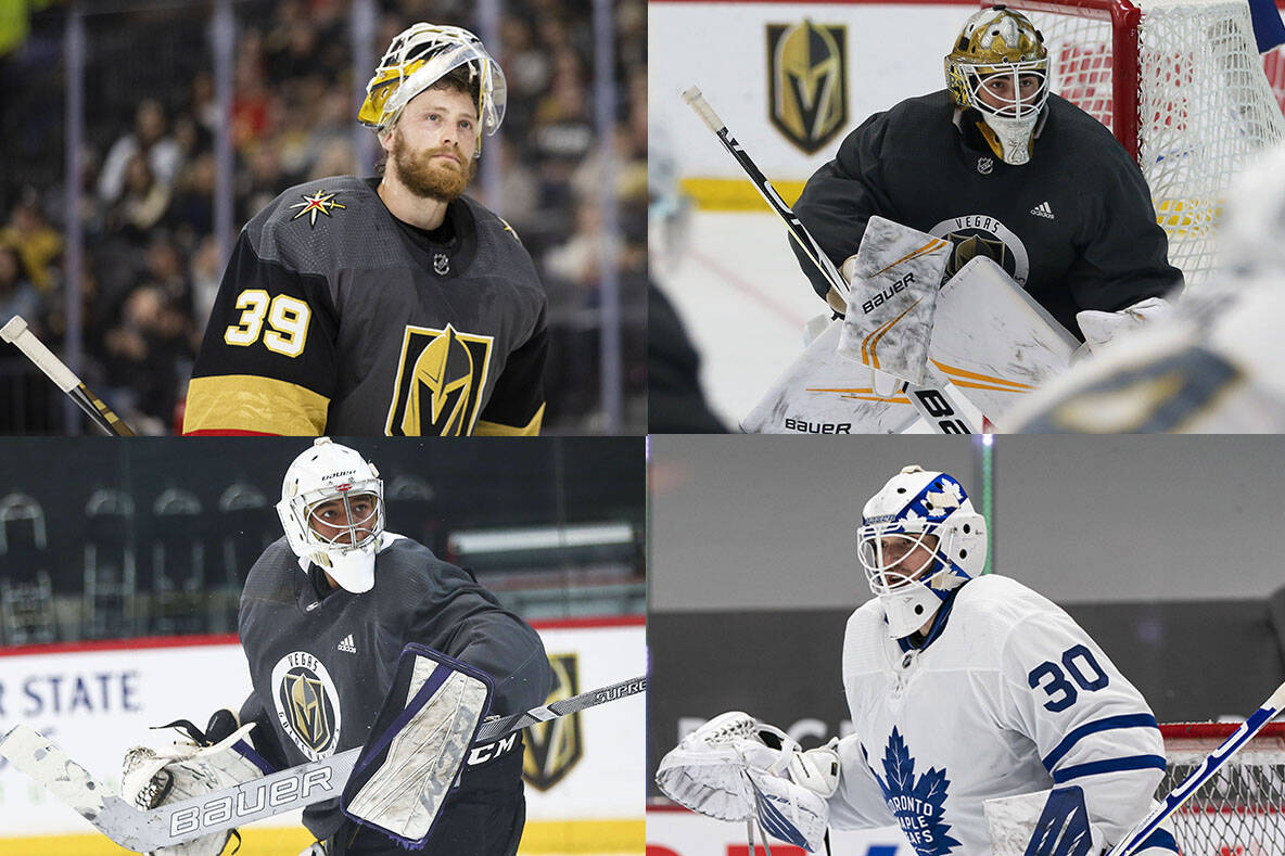 Golden Knights goaltenders Laurent Brossoit, clockwise from left top, Jiri Patera, Michael Hutc ...