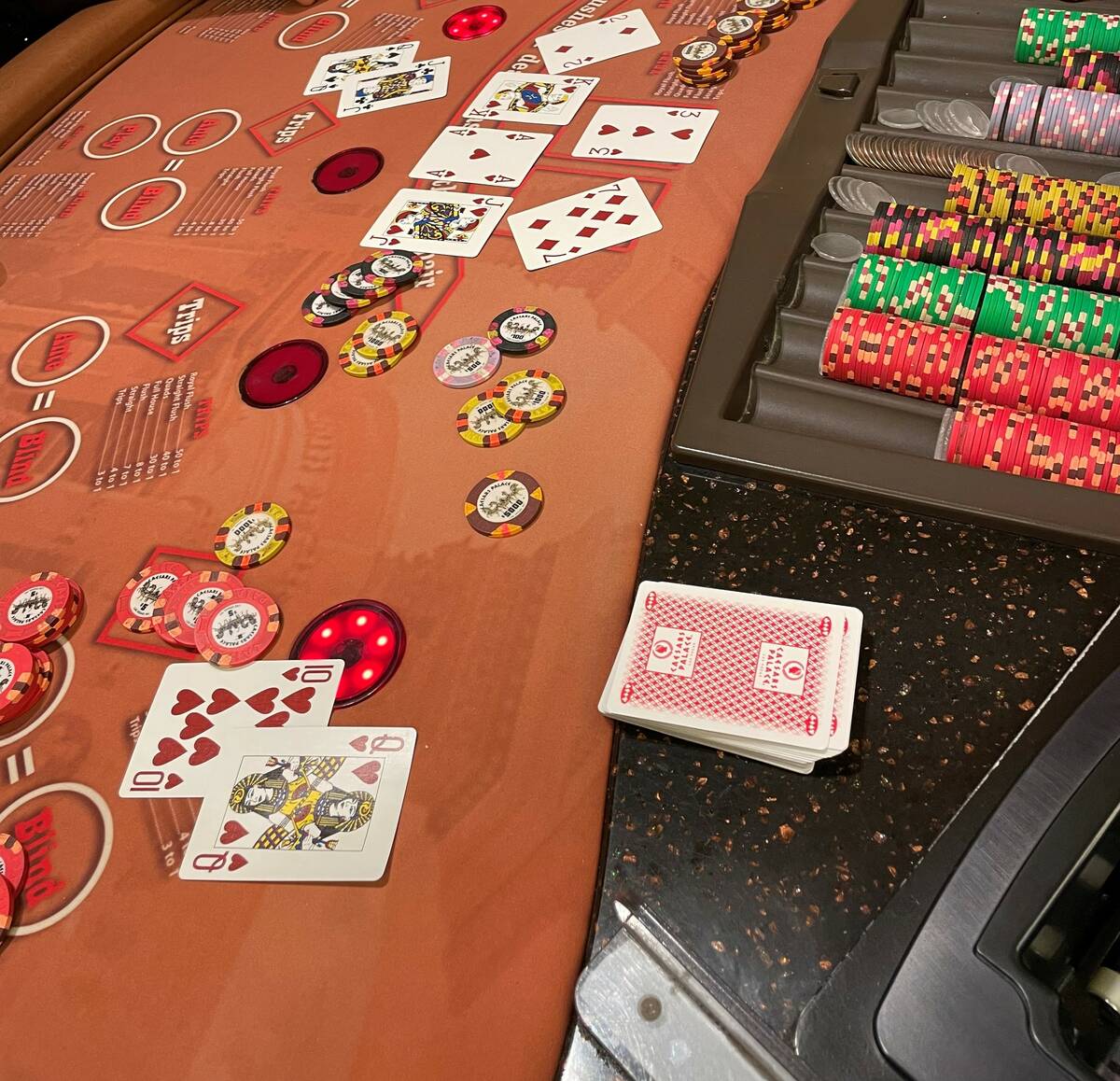 The winning hand (royal flush) of a jackpot winner at Caesars Palace who won $158,992 on Aug. 1 ...